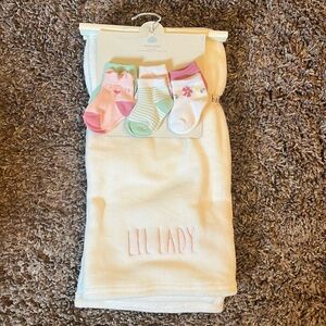 Rae Dunn White Soft Plush Baby Blanket 30x49 Lil Lady Pink w/ Pastel Sock Set